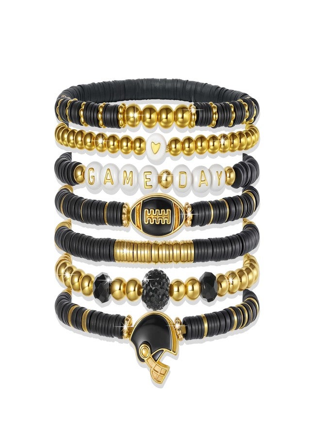 ecozran Gold Black Football Gameday Bracelet Set for Women 7 Pack Elastic Clay Bead Stackable Bracelets with Helmet Charms Perfect Jewelry Gift for Football Mom Dad Fan (Black Gold) - Image 1
